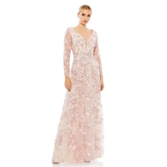 Mac Duggal 67483 Rose Pink Floral Applique Long Sleeve Illusion Gown Size 8 NWT - Picture 1 of 12